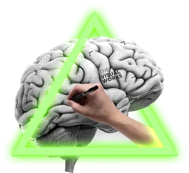 a brain in a neon triangle with a hand holding a pen and drawing a logo to signify brand and logo design