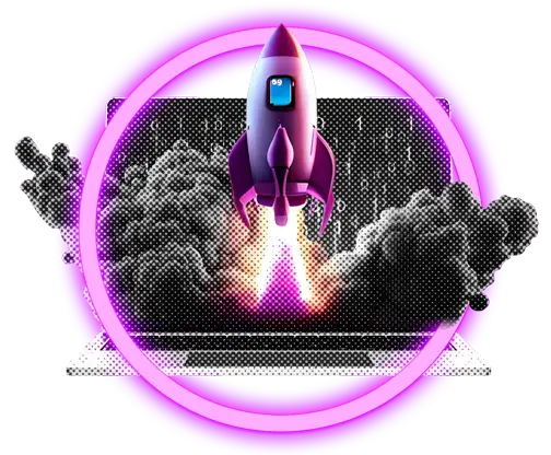 a rocket in a pink neon circle taking off from a laptop to signify digital design, animation, websites and applications
